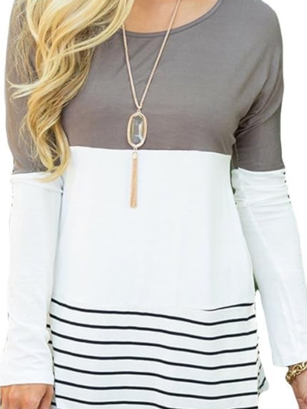 Leezeshaw gray and white color blocked striped L/S tunic, lace detail, size M